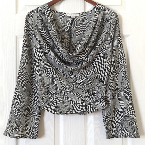 Hyfve Trippy Wavy Checkered Cowl Neck Flared Sleeve Cropped Top Black White S - Picture 1 of 12